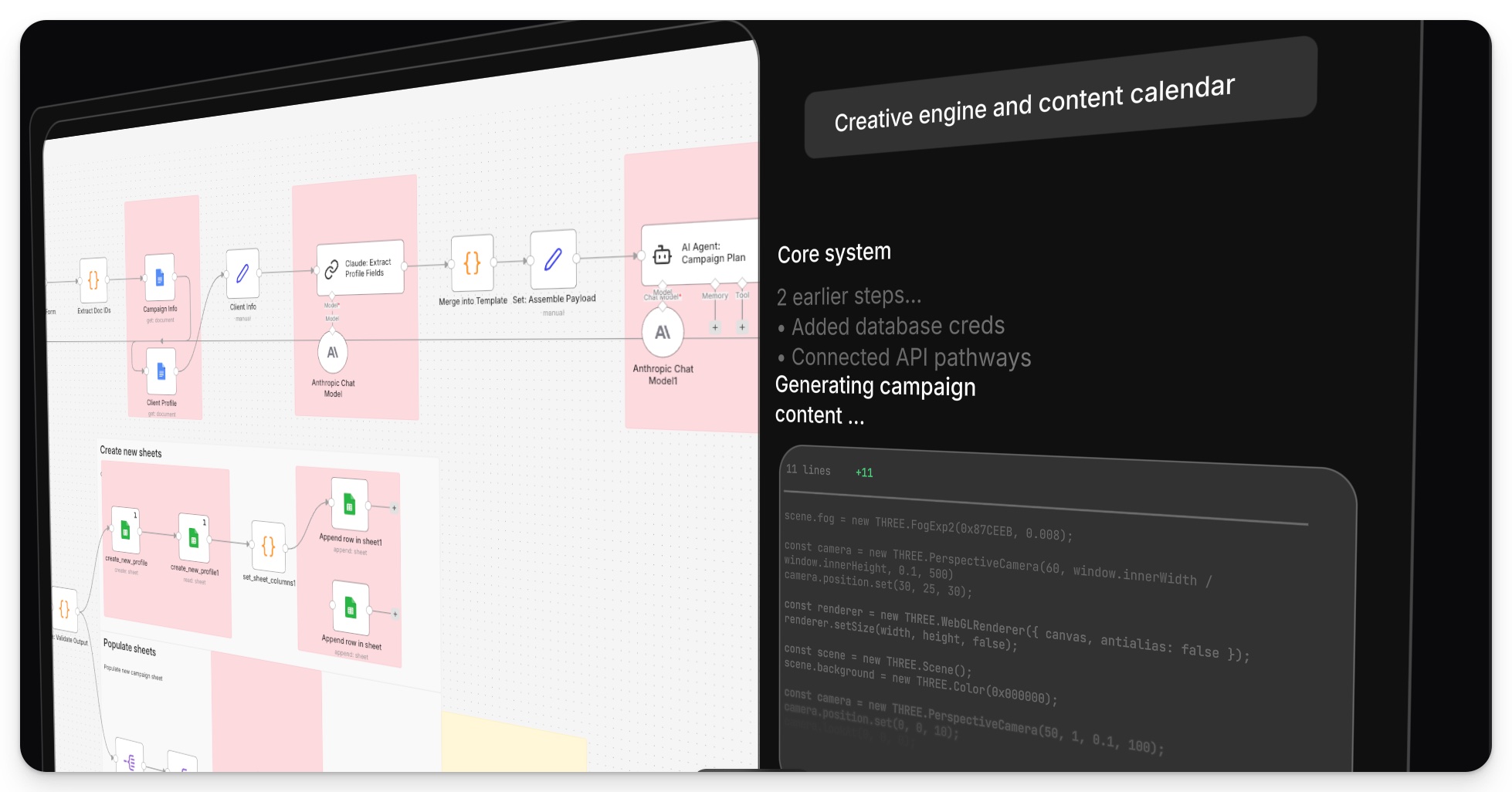 Creative engine and content calendar workflow: brief intake, profile extraction, campaign plan generation, and sheet population